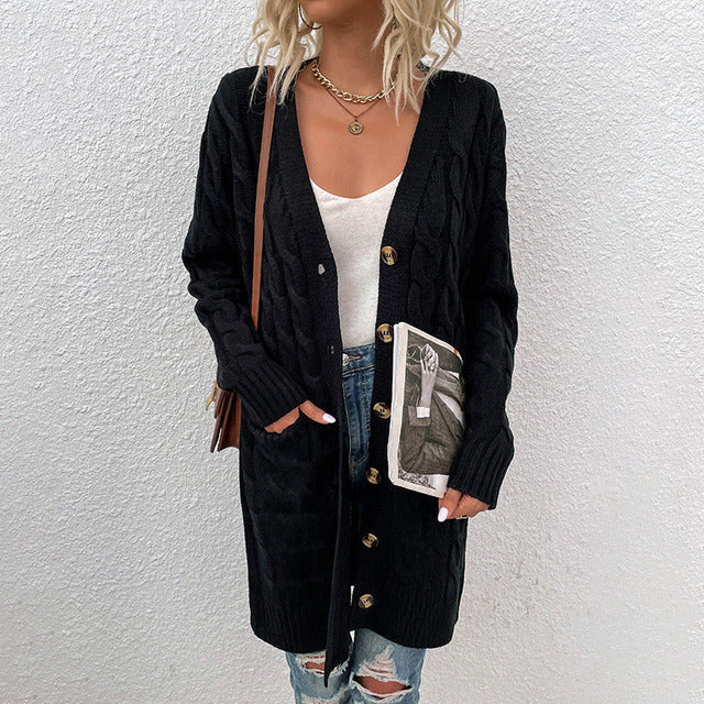 Street-Wave Cable Knit Cardigan for Women Longline with Pockets Cozy Chic Everyday