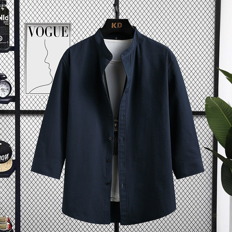 Street-Wave Mens Nizza Long Sleeve Shirt With Modern Stand Collar And Textured Fabric Versatile Everyday Wear