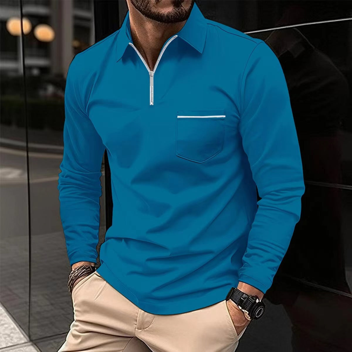 Street-wave Men's Zip Front Long Sleeve Shirt With Chest Pocket For Modern Casual And Formal Wear