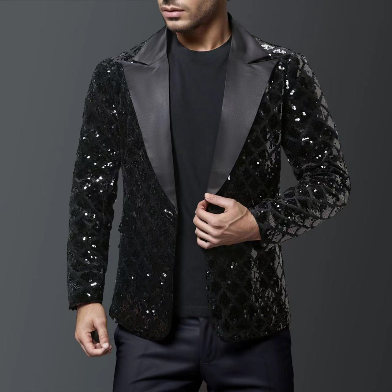 Street-wave Sequin Smoking Blazer for Men - Luxurious Glitter Evening Jacket, Standout Glam