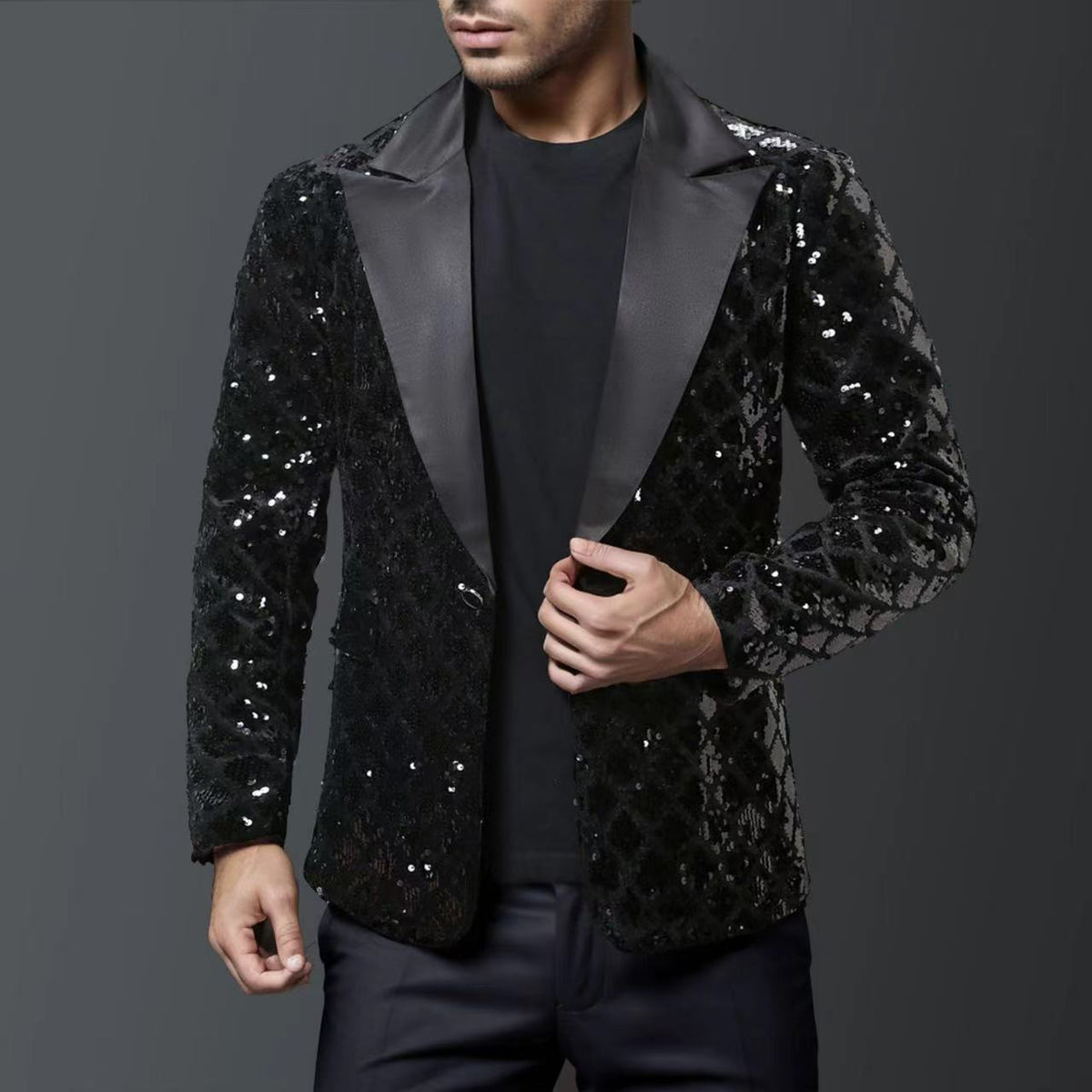 Street-wave Sequin Smoking Blazer for Men - Luxurious Glitter Evening Jacket, Standout Glam
