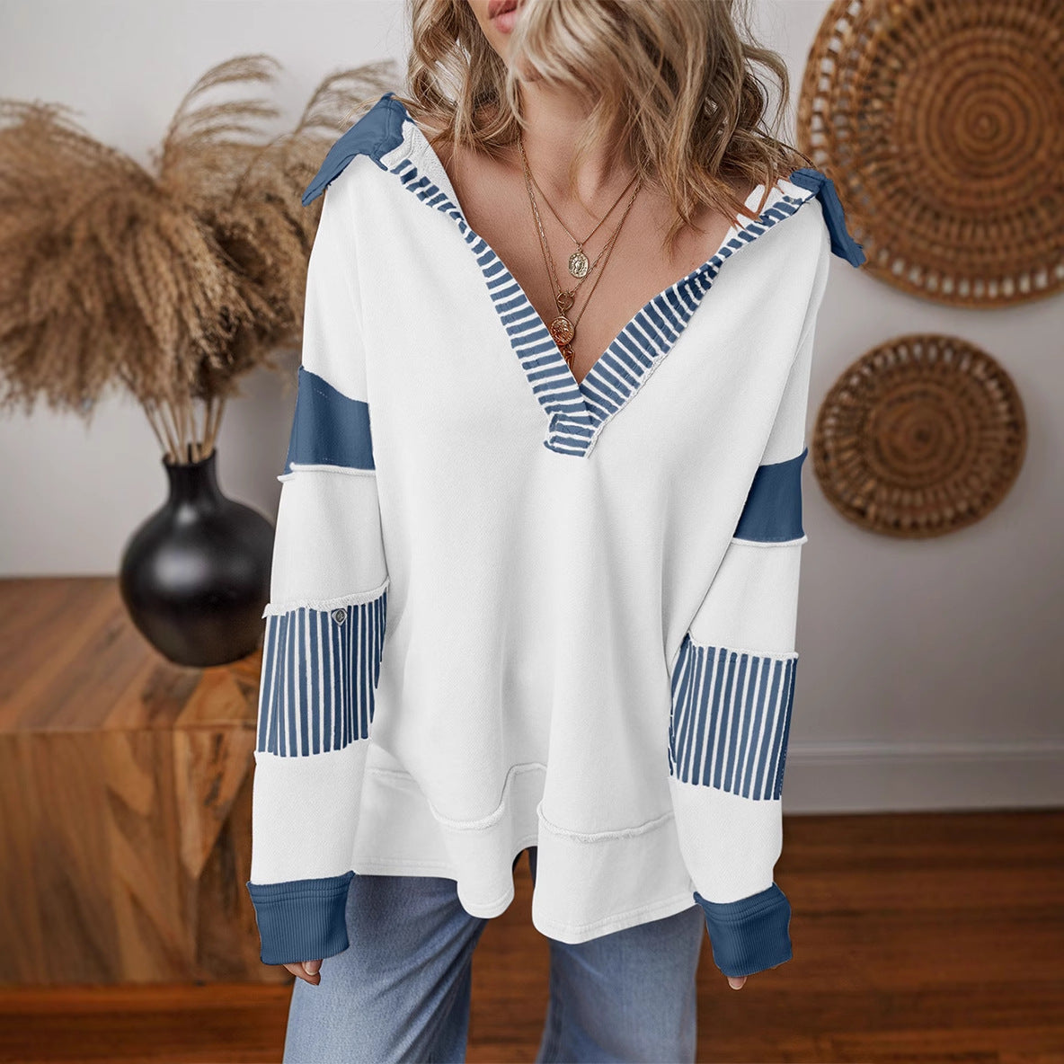 Street-wave Women Shirt Collar Pullover With Striped Sleeves Cotton Comfort Chic Casual Everyday Essential Relaxed Fit