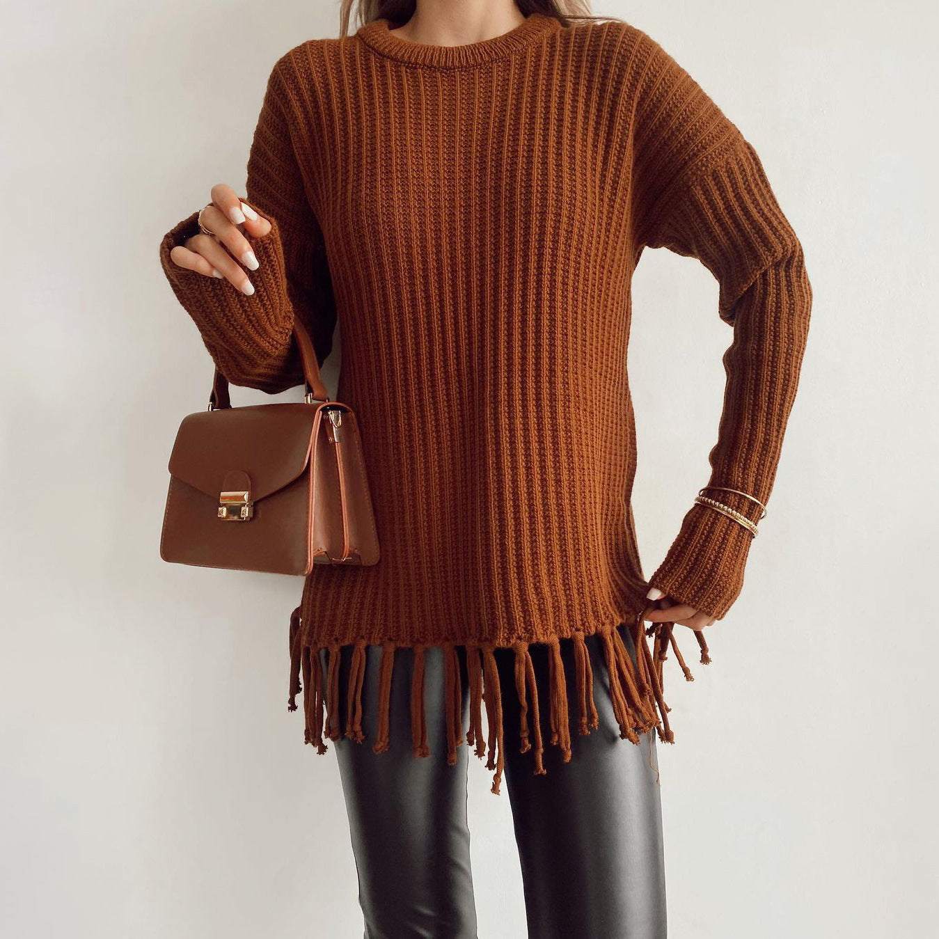 Womens Pullover Sweater Oversized Fit Chunky Wool Fringe Hem Street Wave
