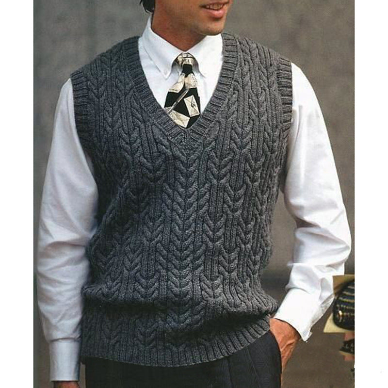 Street-Wave Mens Cable Knit Vest V-Neck With Full Cable Pattern Versatile Office To Casual