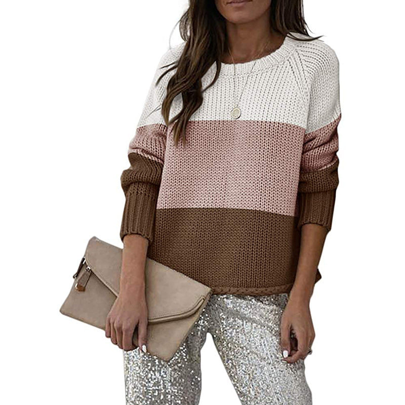 Street Wave Two Tone Knit Sweater With Block Pattern Acrylic Cozy Comfort For Women Casual Everyday Wear
