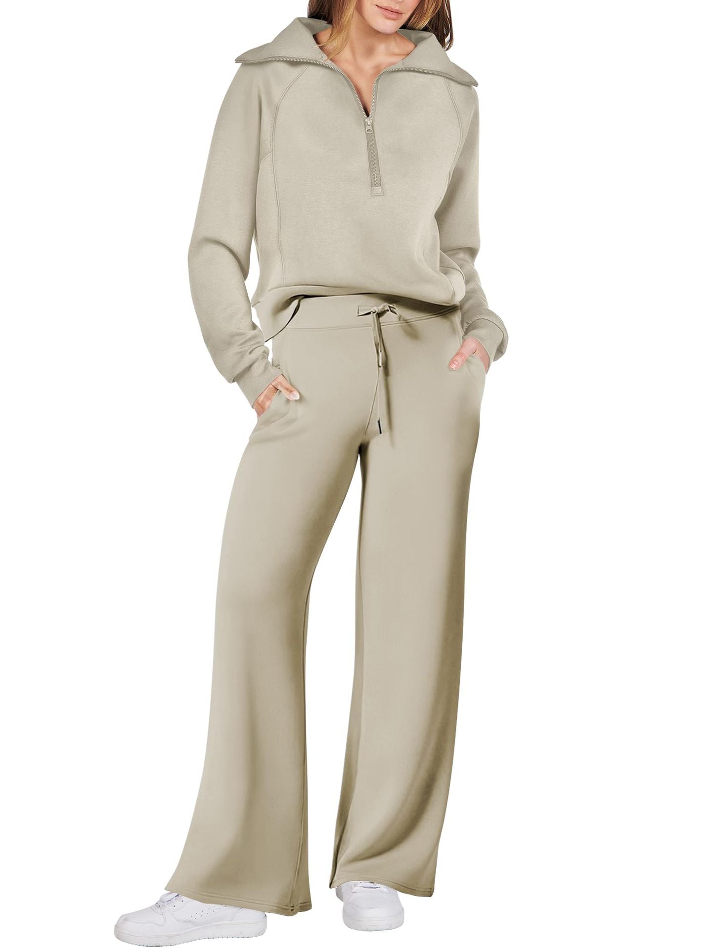Street-wave Women’s Cozy Two Piece Set With Zip Front And Pockets Casual Loungewear For Home