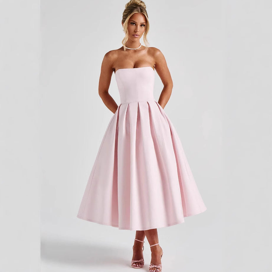 Street-wave Elegant Bandeau Midi Dress With Flared Skirt For Women Ideal For Evening Events