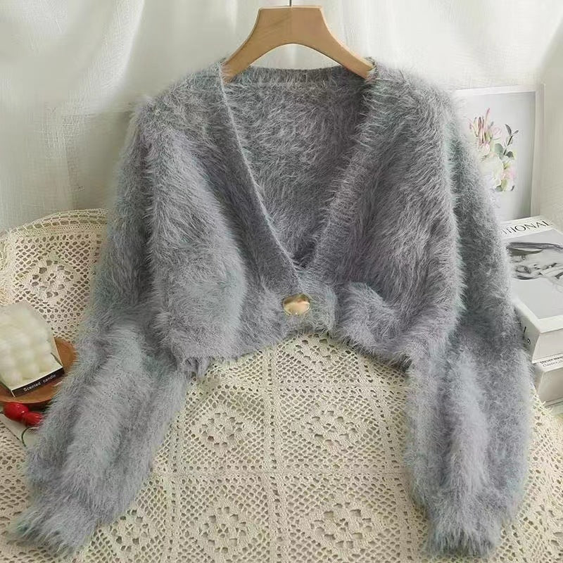 Street-wave Fluffy Short Knit Cardigan With V-Neck And Button Detail For Women Everyday