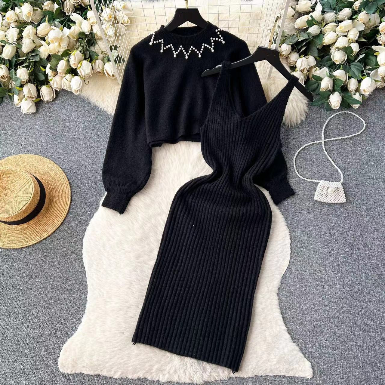 Street-Wave Women Knit Dress Set Featuring Refined Rib Texture And Chic Crop Sweater For Elegant Everyday Look