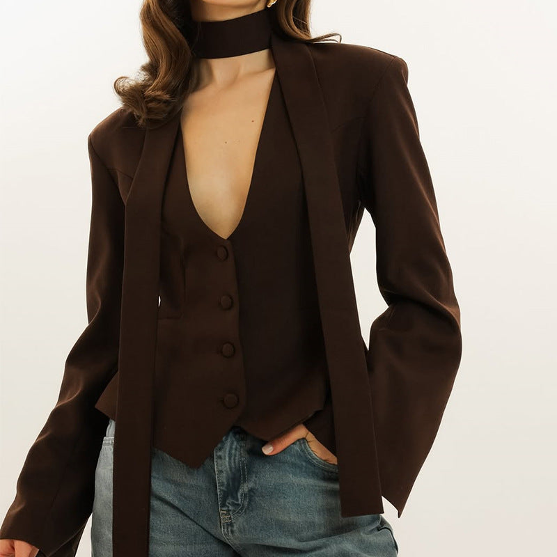 Streetwave Women Tailored Blazer Top With Slim Collar For Elegant Office And Evening Wear