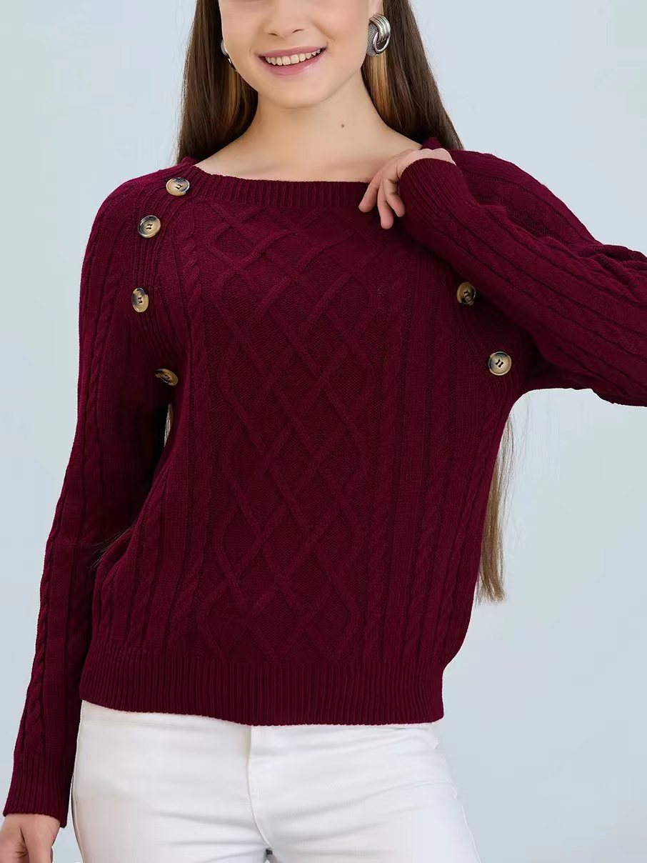 Street-Wave Women's Diamond Knit Pullover With Decorative Buttons Cozy Classic Sweater