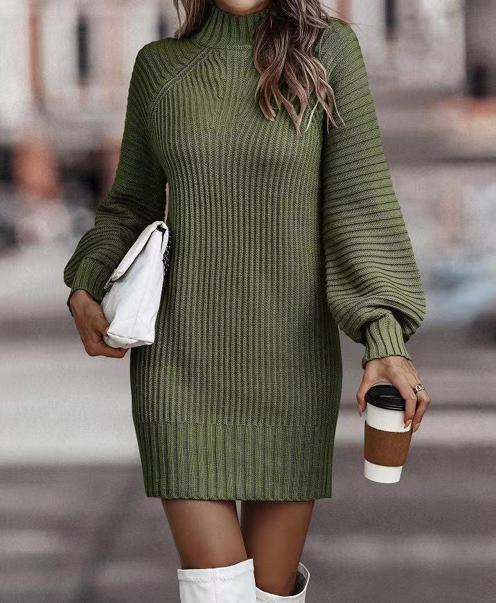 Street Wave Women Knit Dress With Wide Roll Neck And Puff Sleeves Cozy Chic Everyday Style
