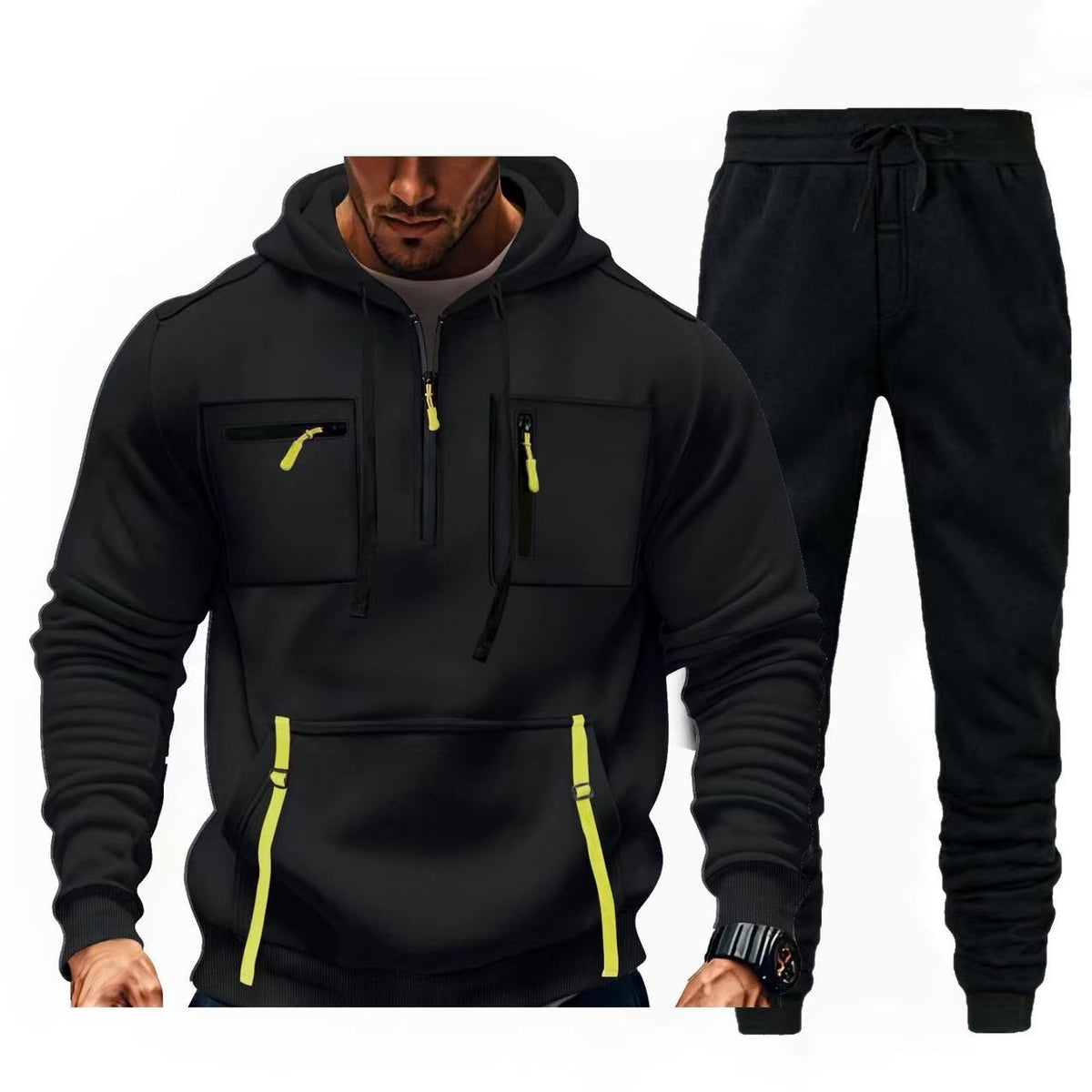 Street-wave Men's Multifunctional Hoodie And Jogger Set For Active Lifestyles With Zipper Pockets And Comfort