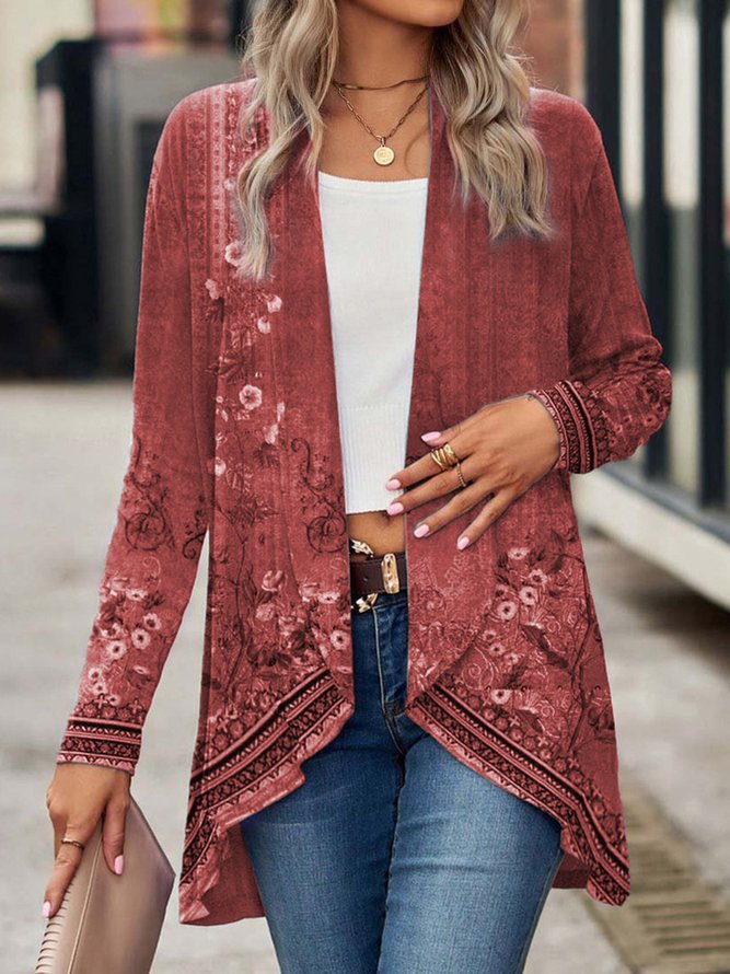 Street Wave Floral Open Front Long Jacket For Women Boho Chic Transitional Outerwear