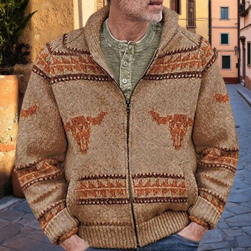 Street-Wave Men's Knit Cardigan With Unique Wild West Pattern And Warm Lining For Everyday Wear