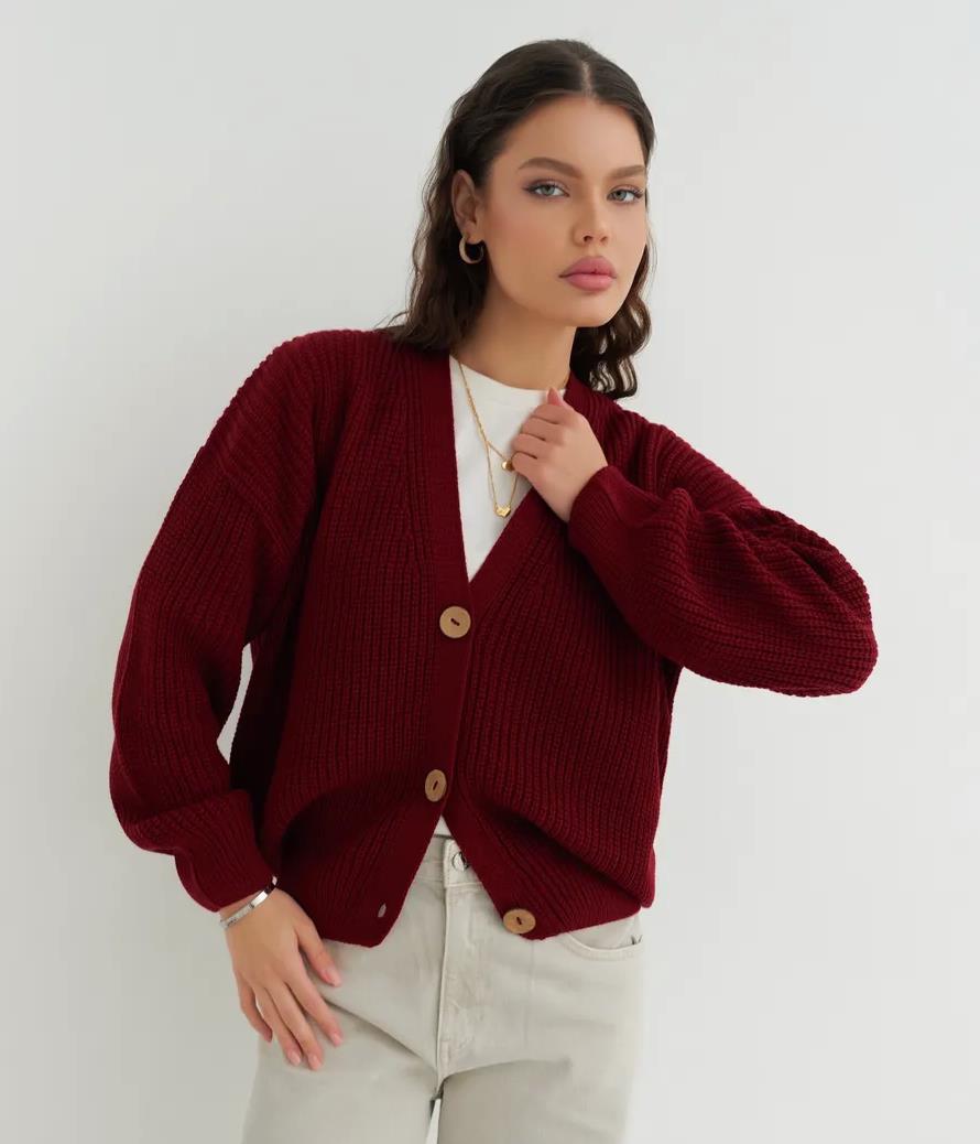 Street-Wave Women's Knit Cardigan Cozy Soft Cotton Loose Fit With Wooden Buttons Casual Everyday Wear
