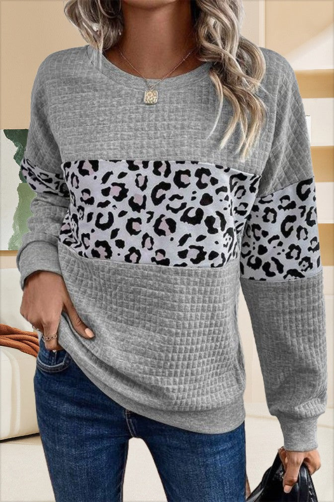 Leopard Print Sweatshirt For Women Street-wave Textured Knit Cozy Fit Casual Chic