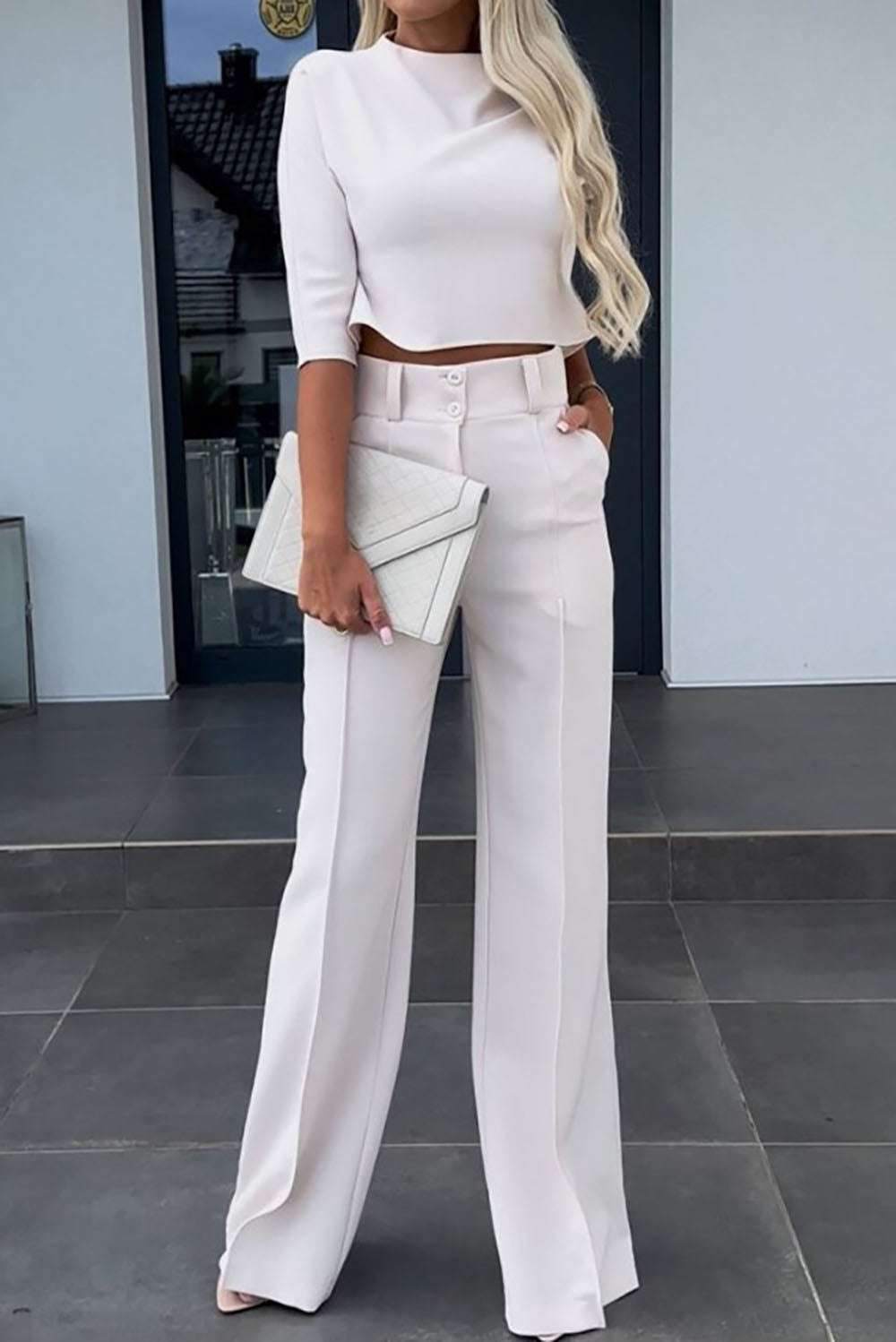 Street-Wave Cropped Sleeve Top And Wide Leg Pants Set For Modern Professionals Sleek Versatile Comfort