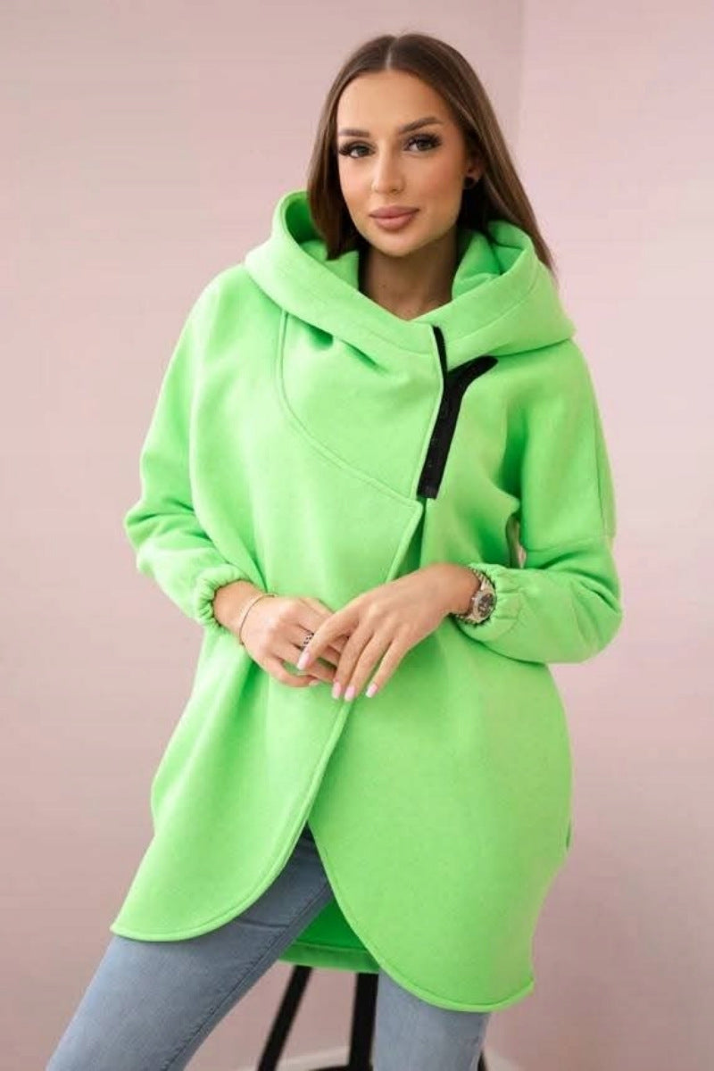 Street-wave Asymmetrical Zip Fleece Hoodie Jacket For Women, Cozy Warmth, Trendy Streetwear