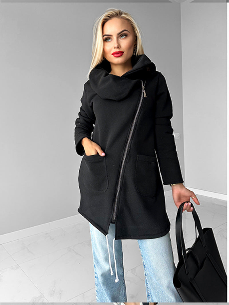 Street-wave Fleece Jacket With Diagonal Zip And Revers Collar Mid Length For Women Cozy Warm Outerwear