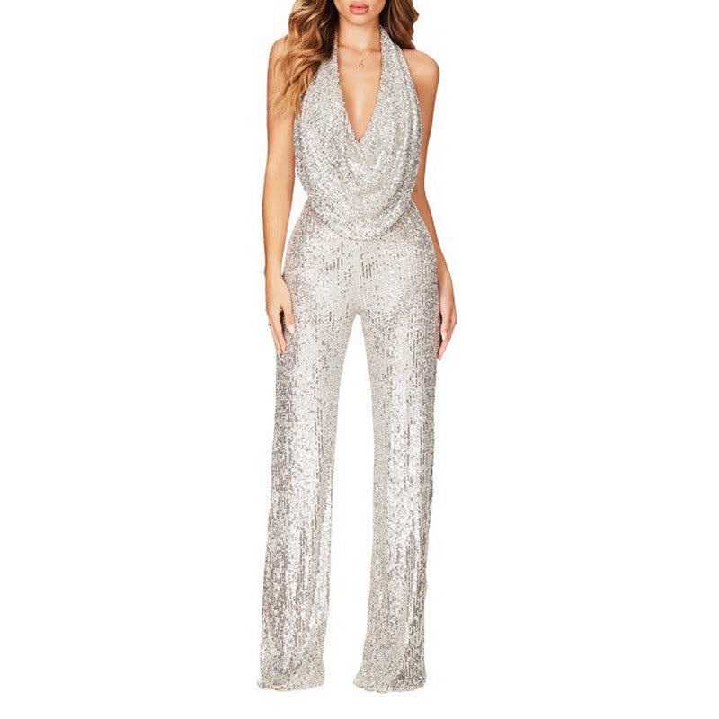 Street Wave Sequin Jumpsuit With Deep V Neck And Wide Leg For Women Glamorous Party Wear