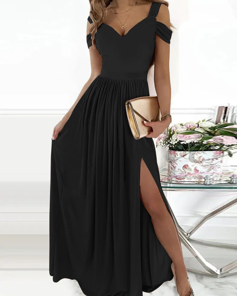 Street Wave Off Shoulder Maxi Dress With High Slit For Glamorous Fashionable Women