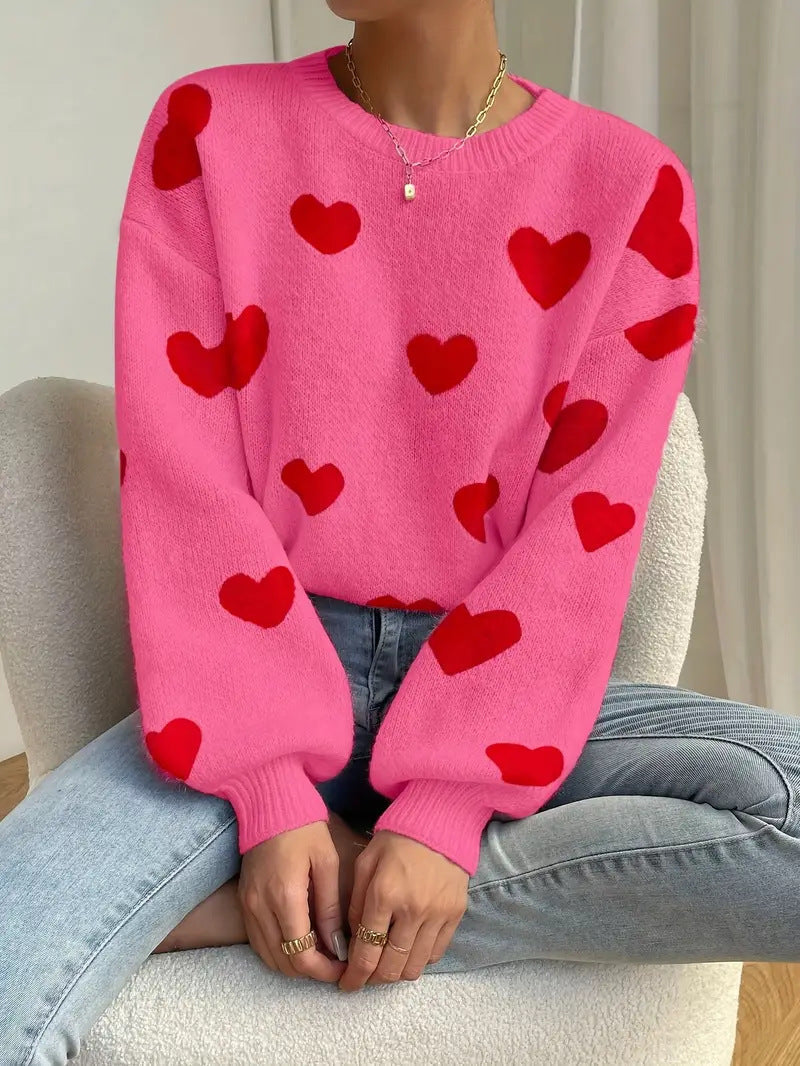 Street-Wave Womens Pink Heart Knit Sweater With Bold Heart Pattern For Stylish Cozy Everyday Wear