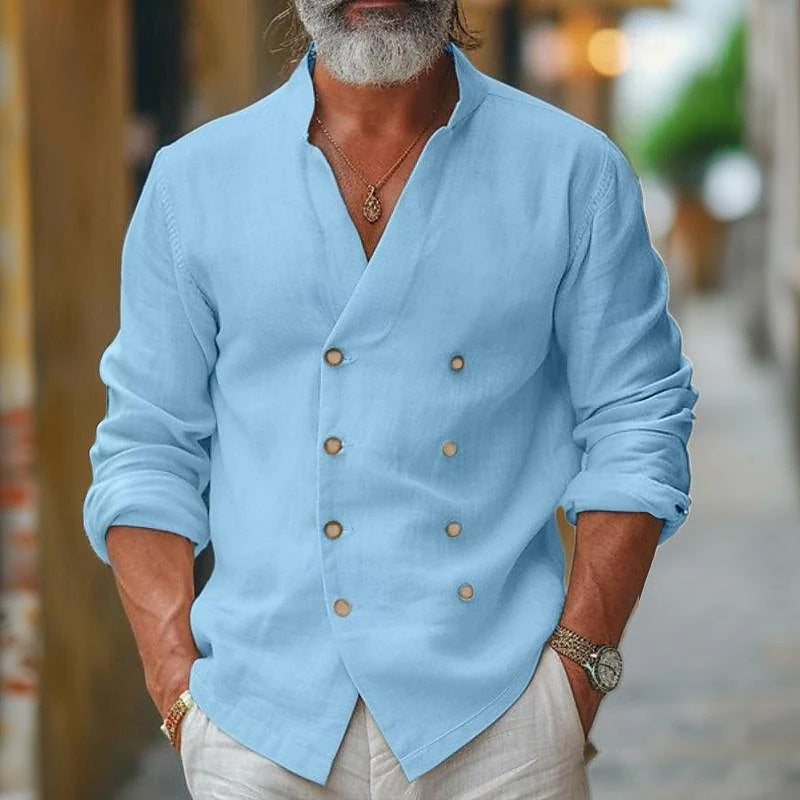 Street-Wave Double Breasted Linen Shirt For Men Elegant Breathable Everyday Wear