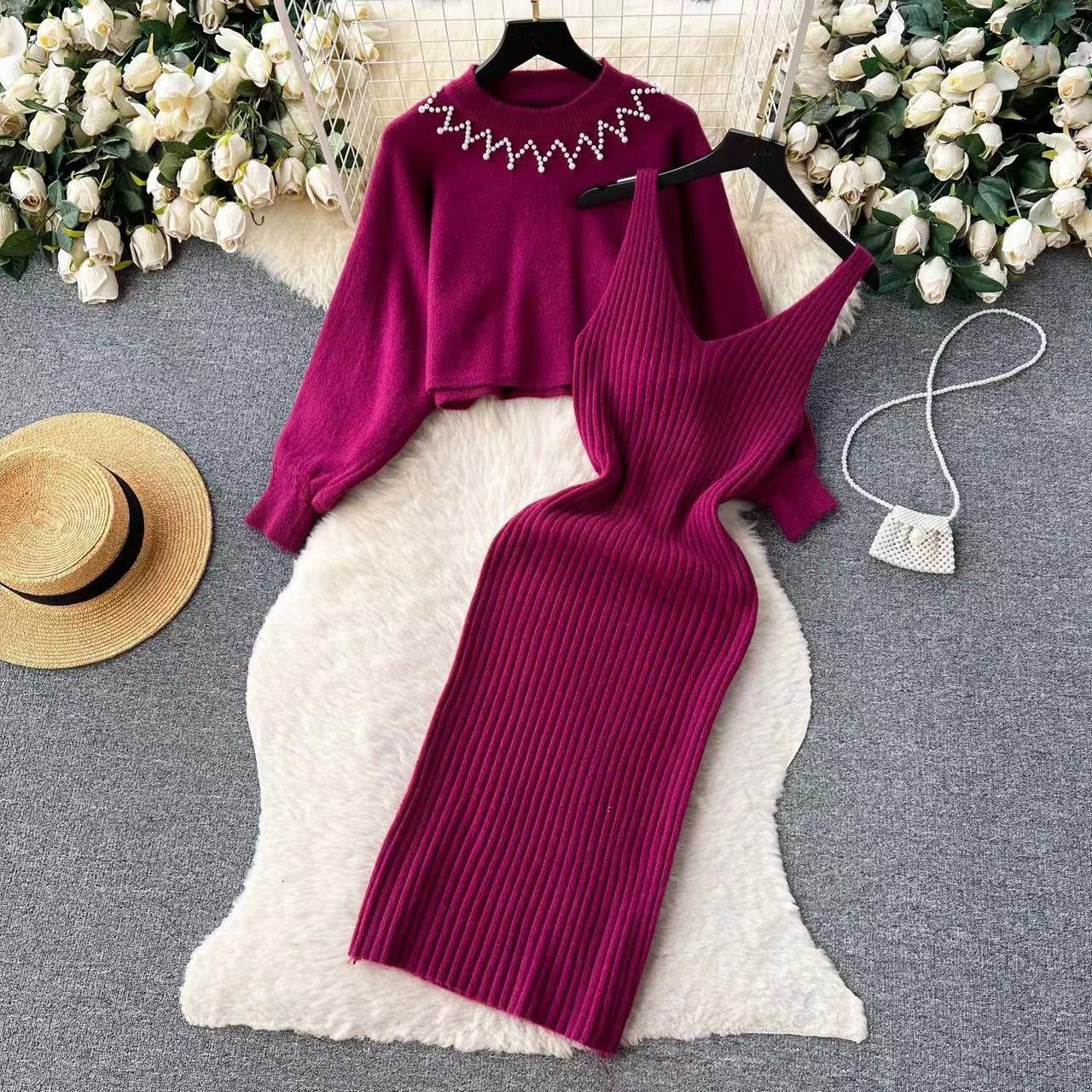 Street-Wave Women Knit Dress Set Featuring Refined Rib Texture And Chic Crop Sweater For Elegant Everyday Look