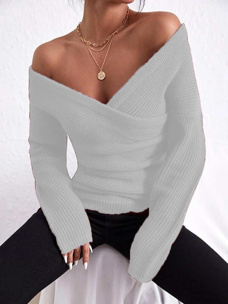 Nordisk-Flair Slim-Fit Off-Shoulder Knit Sweater With Wrap V-Neck For Women