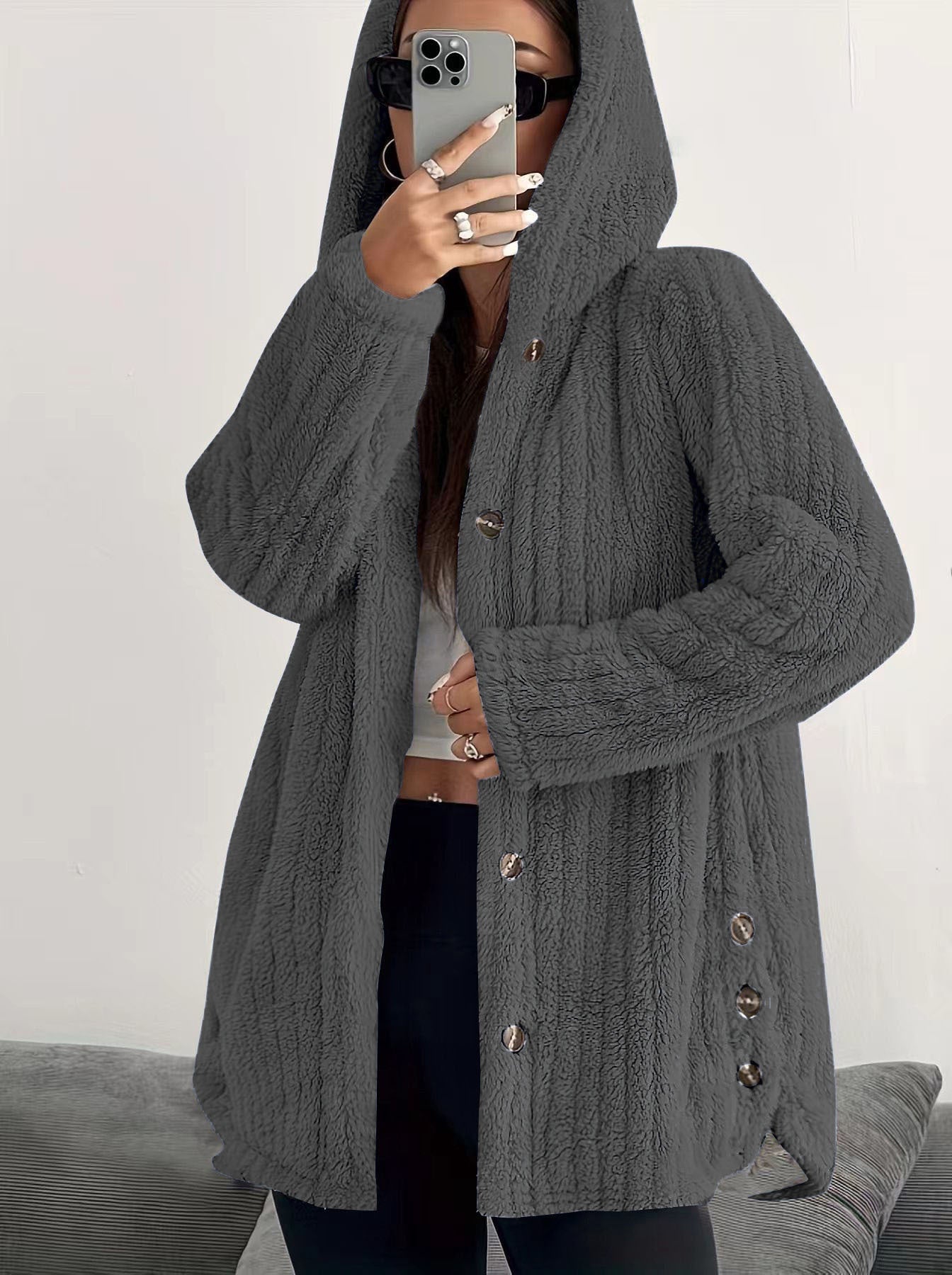 Women's Hooded Cardigan with Front Pockets and Long Sleeves
