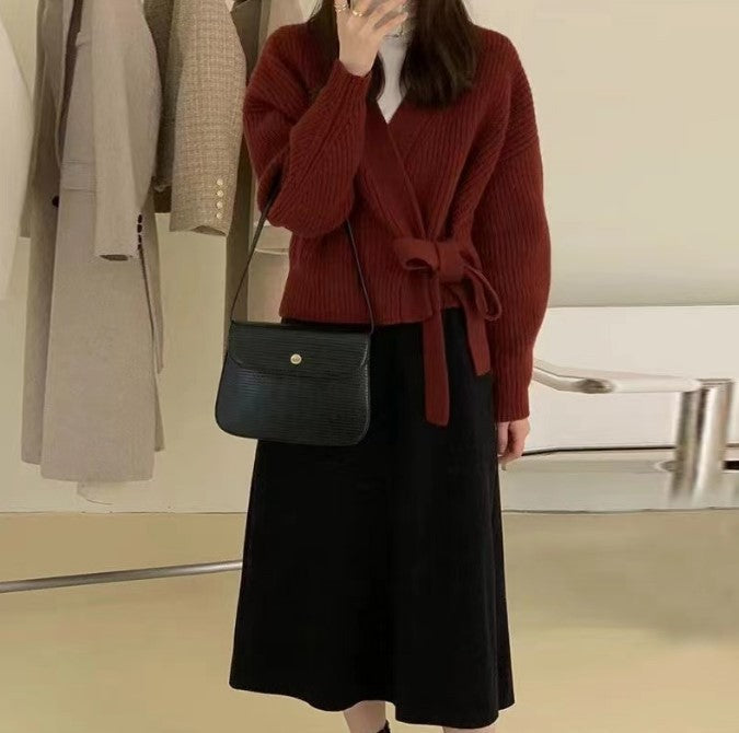 Street-wave Womens Wrap Knit Cardigan With Wide Sleeves And Tie Waist Soft Wool Warmth