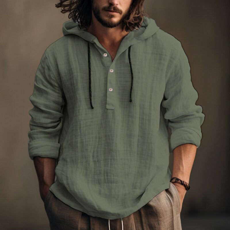 Streetwave Mens Linen Hooded Shirt With Button Placket For Casual Comfort And Breathable Style