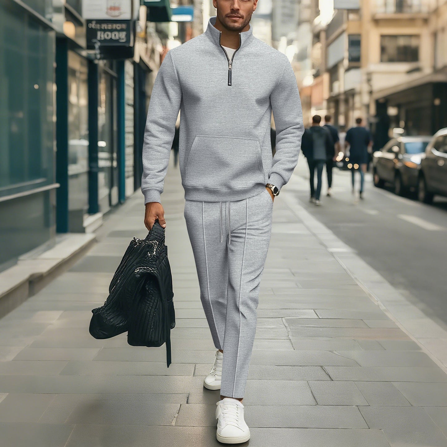 Street-Wave Men's Leisure Sweater Set Zip Closure Elastic Waistband Breathable Comfort For Modern Men