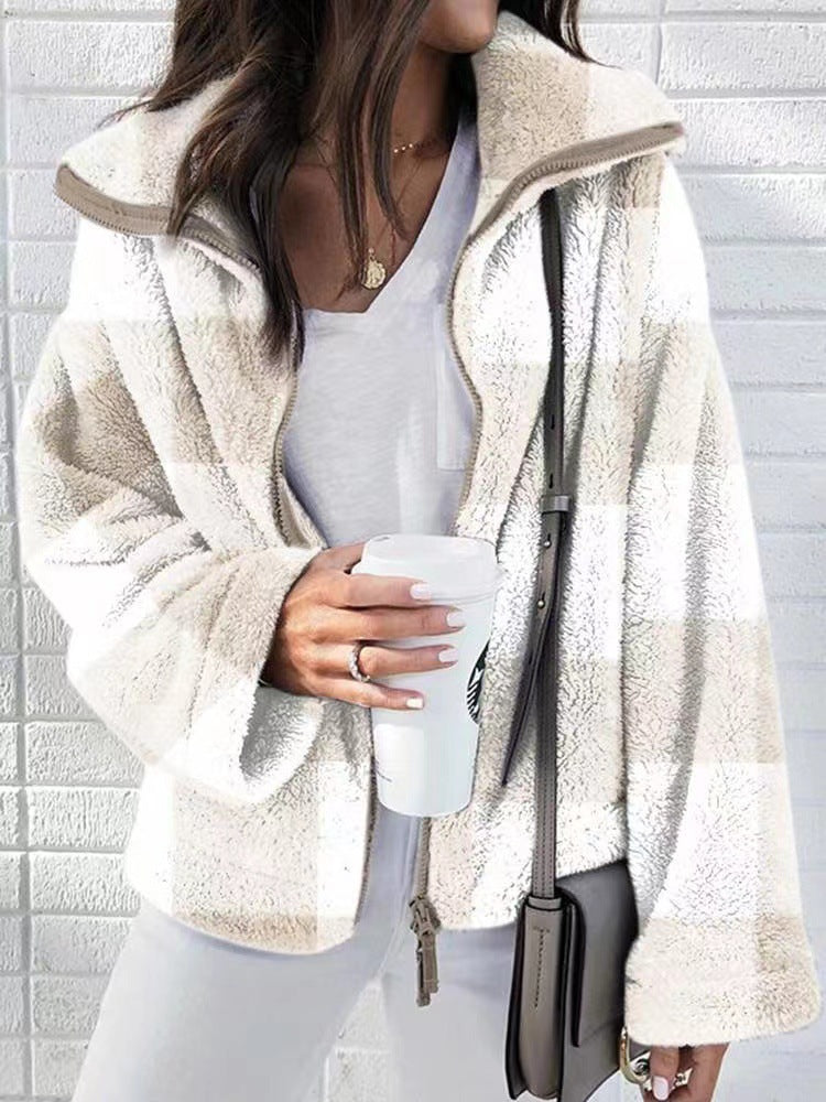 Street Wave Womens Cozy Fleece Jacket With Plaid Pattern High Collar Warmth And Comfort