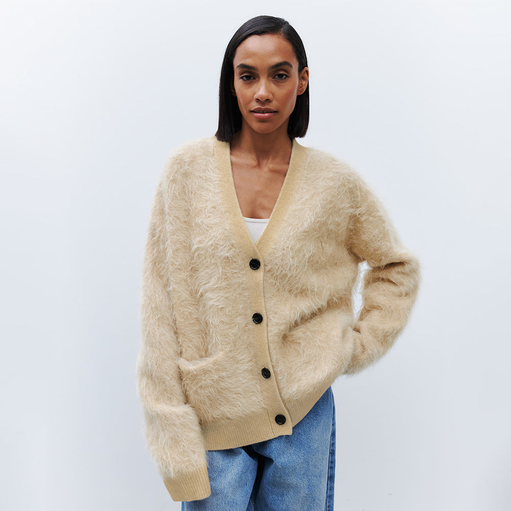 Street Wave Pink Mohair Cardigan For Women Ultra Soft Cozy Knit With Button Front