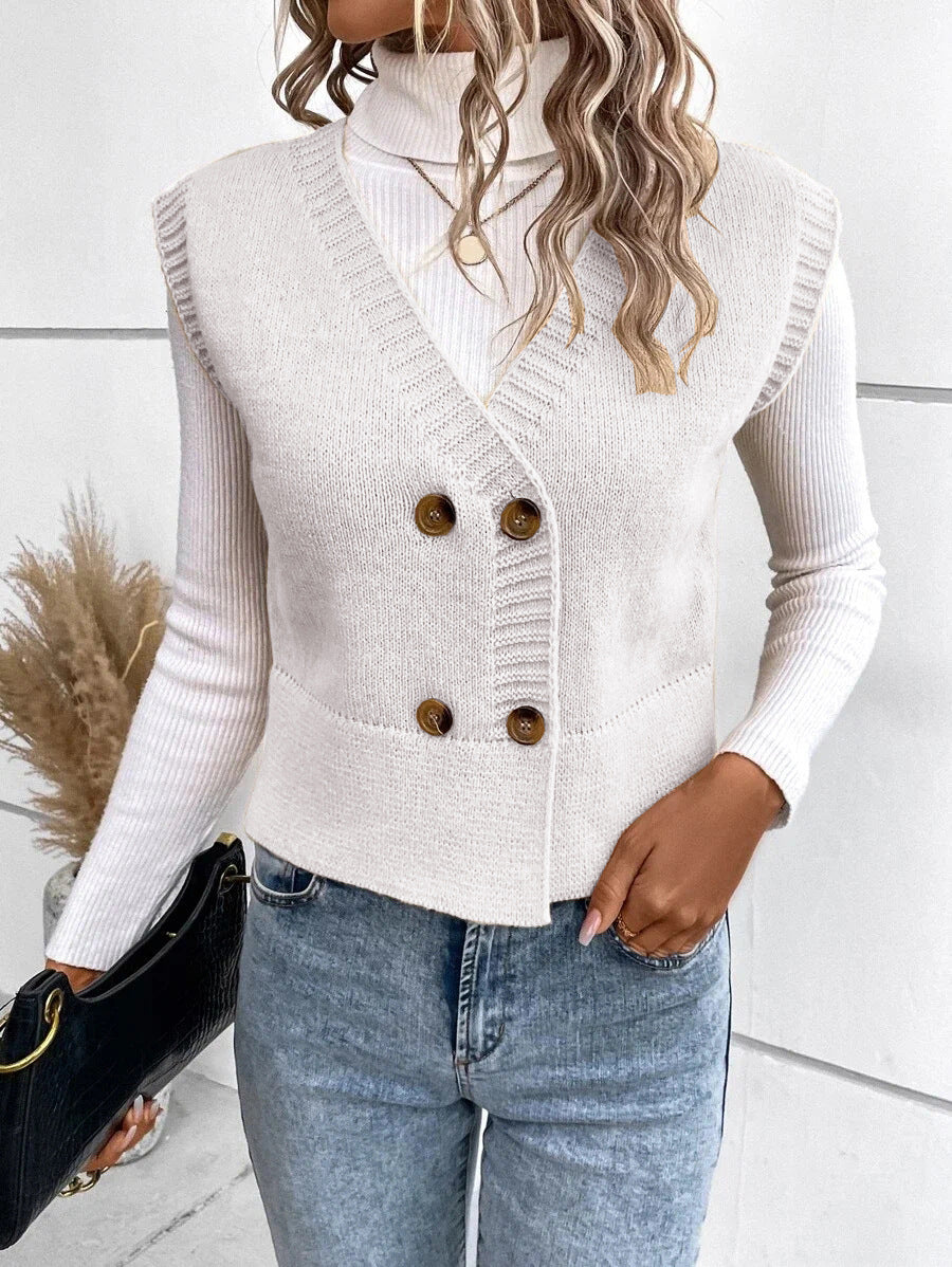Street-Wave Women's Knit Vest With Double Button Placket And V-Neck For Layering