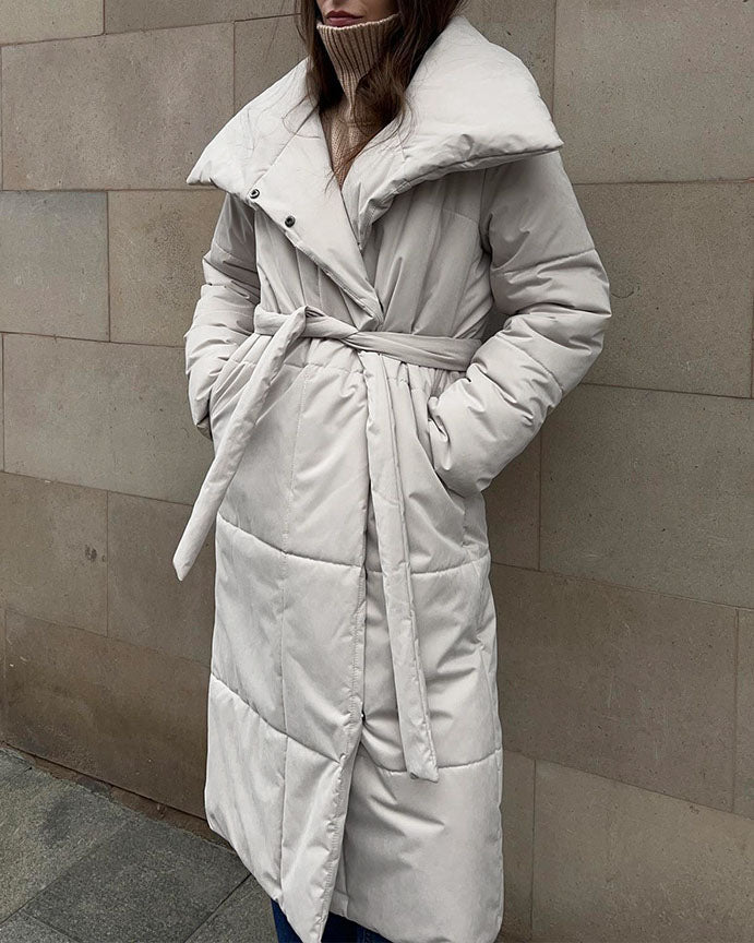 Street-Wave Long Cotton Coat With Large Lapel Belted Waist And Quilted Warmth For Women