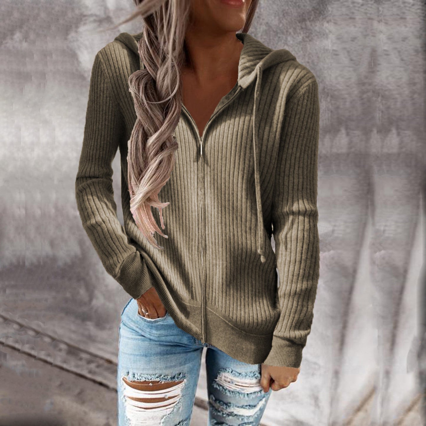 Street-Wave Womens Structured Knit Hoodie Jacket With Practical Pockets For Everyday Style
