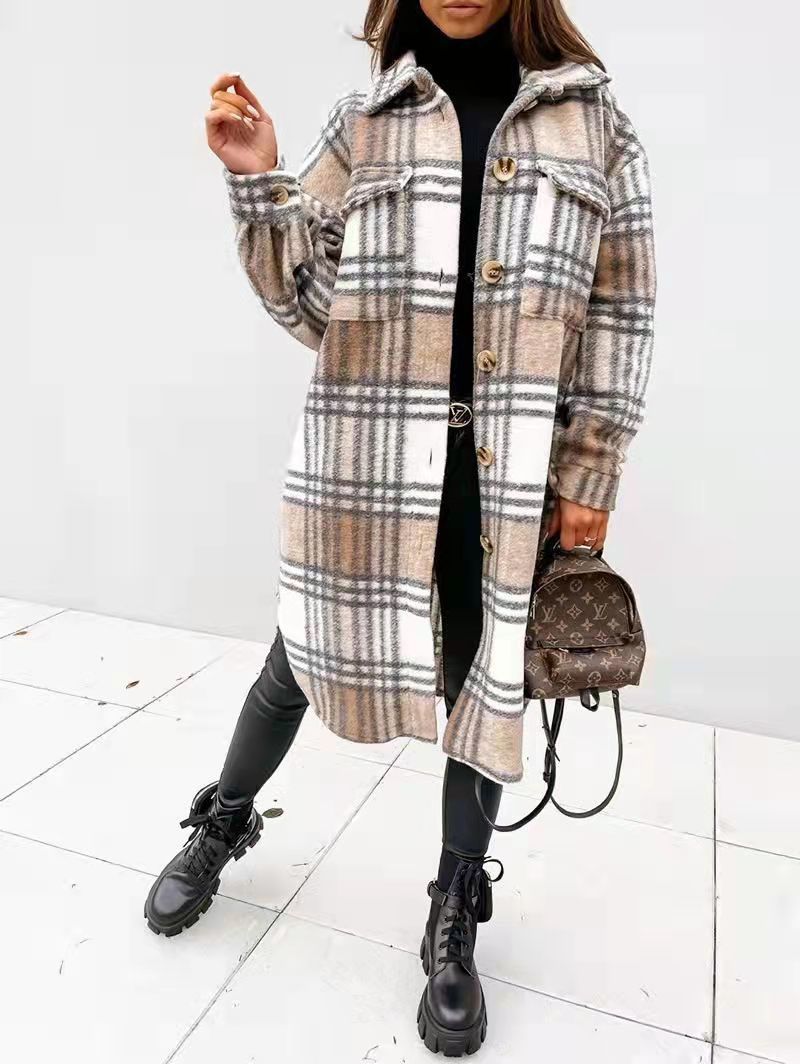 Street Wave Women's Plaid Oversized Shirt Coat With Practical Pockets For Everyday Warmth