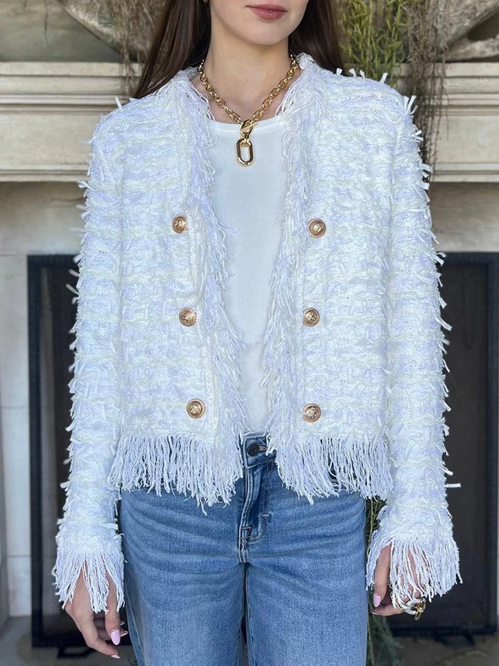 Street Wave Fringe Jacket For Women Chic Lightweight Fringed Style With Gold Button Details