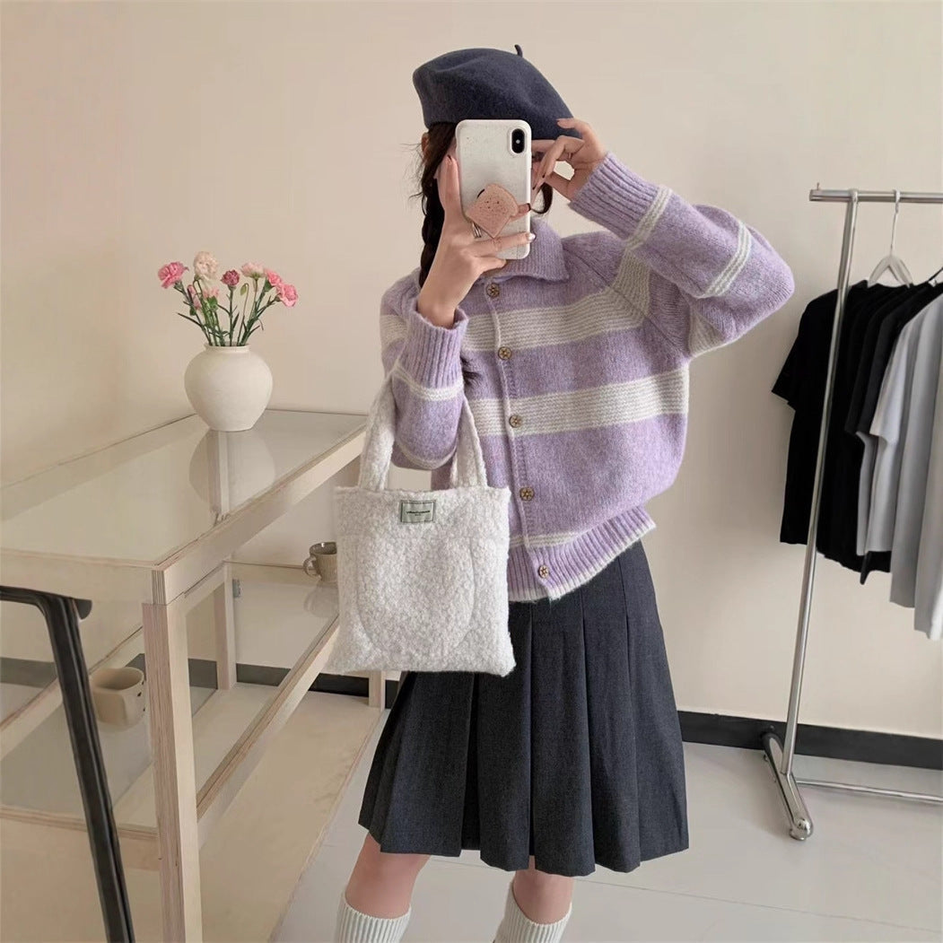 Street Wave Womens Cardigan With Classic Collar Soft Wool Blend Striped Pattern For Everyday Wear Effortless Chic
