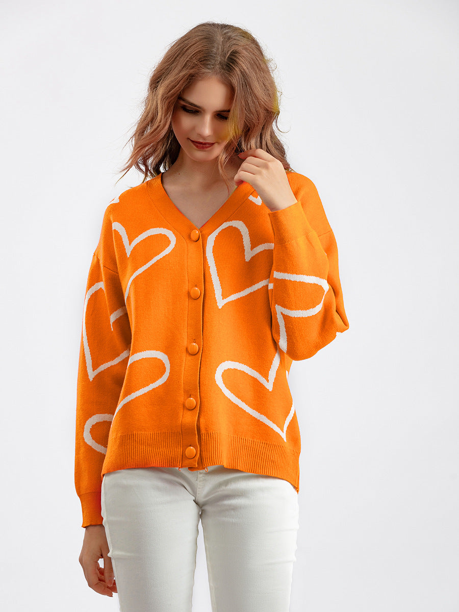 Street Wave Womens Heart Motif Cardigan With Loose Fit Soft Cozy Knitwear For Everyday Style