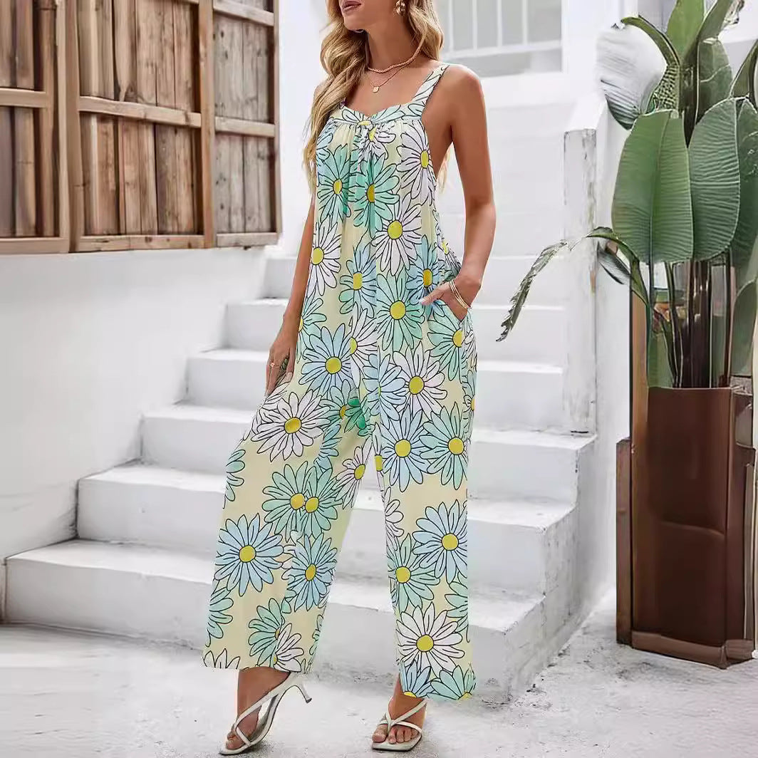 Street Wave Women Jumpsuit Loose Fit Wide Leg Lightweight Printed Strapless