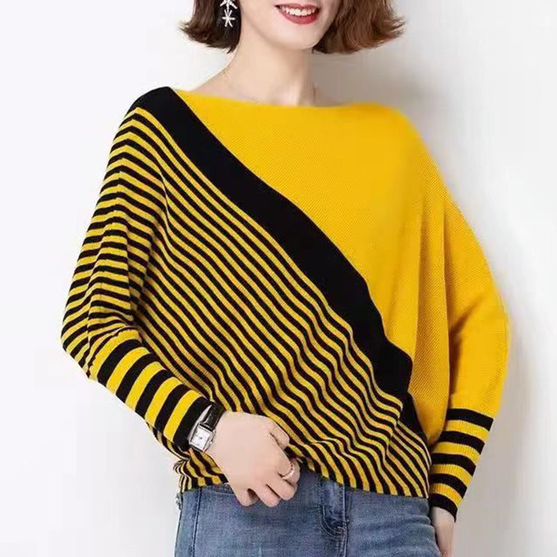 Street-wave Women's Asymmetric Knit Pullover With Graphic Stripe Pattern Chic Comfortable Fashion Sweater