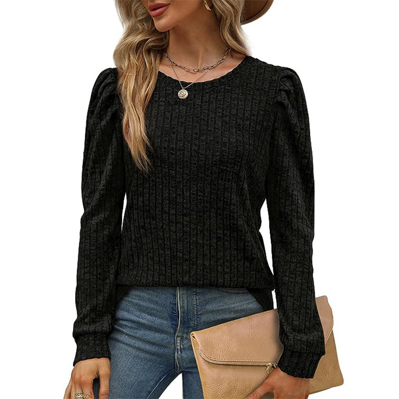 Street-wave Women's Gathered Sleeves Knit Sweater Cozy Ribbed Pullover For Everyday Style