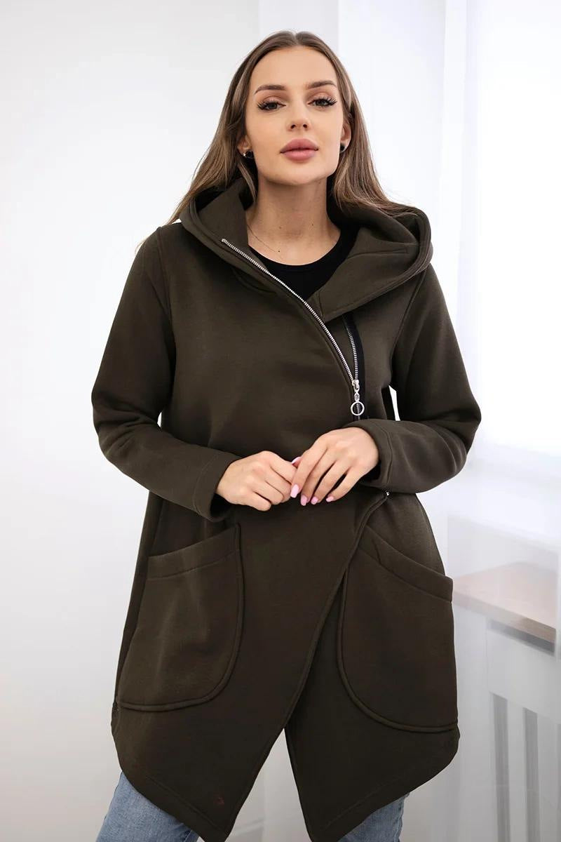 Street-Wave Zip Hoodie Fleece Jacket Mid-Length Warmth With Front Pockets For Women