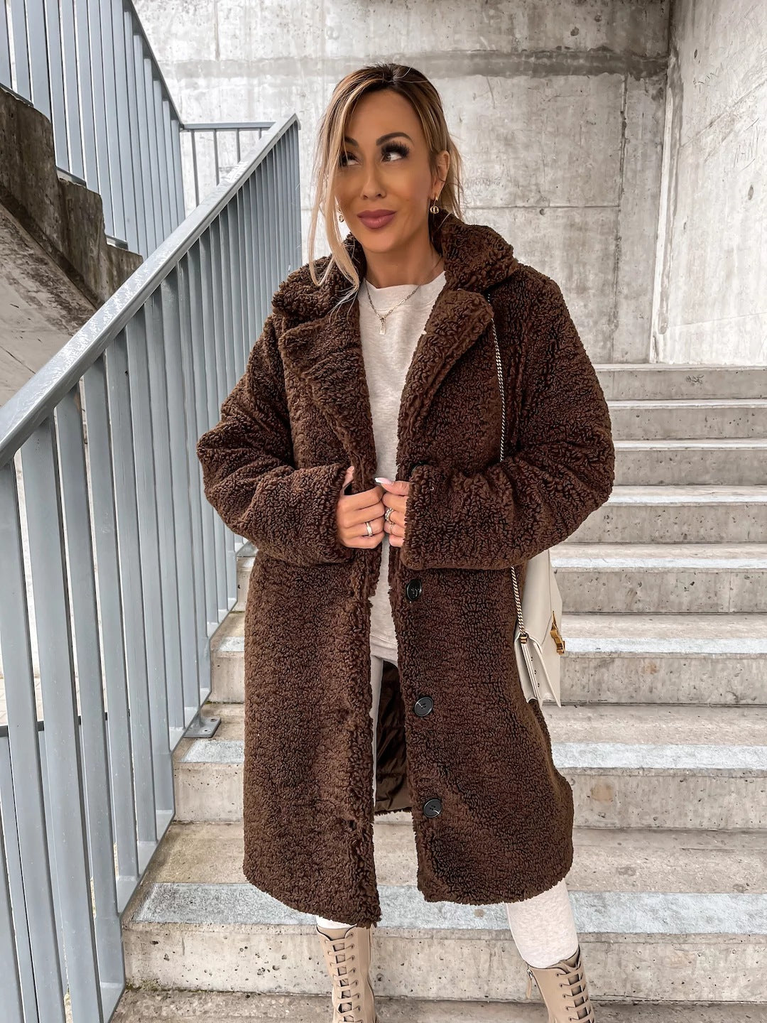 Street Wave Plus Size Midi Teddy Coat With Buttons Luxurious Oversized Warmth For Cold Weather