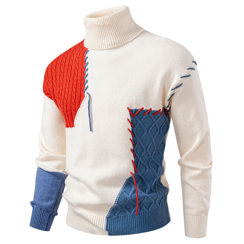 Mens Turtleneck Sweater With Geometric Cable Knit Patchwork Street-wave For Style Savvy Men