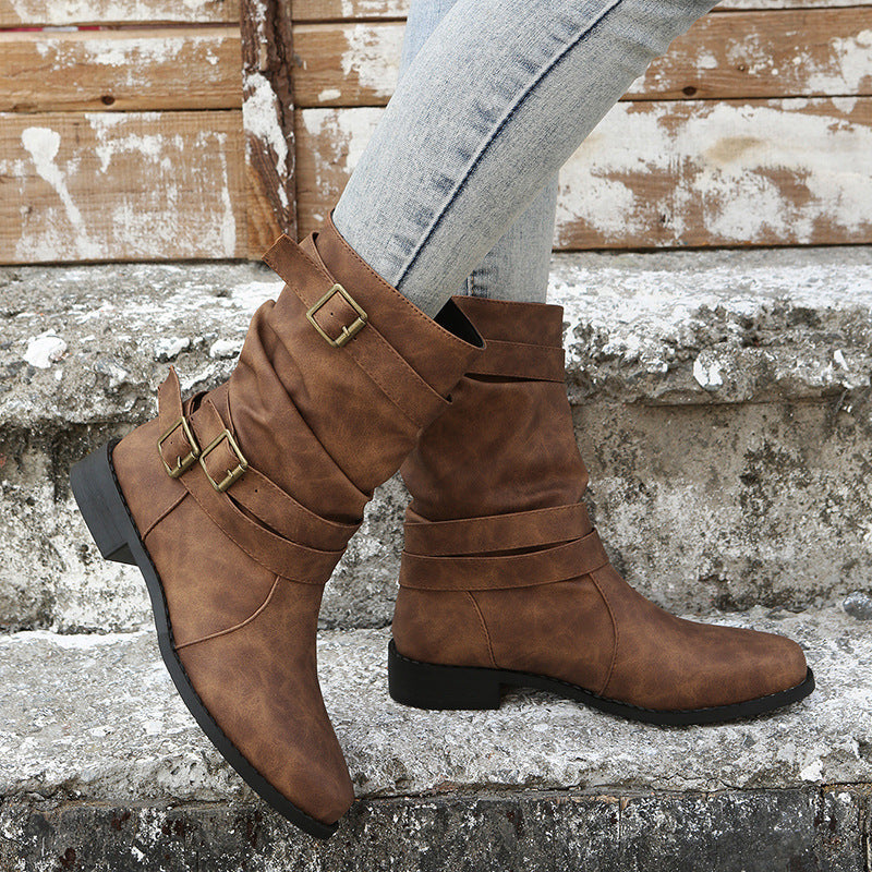 Street Wave Women's Rugged Boots With Stylish Buckles For Everyday All Season Outdoor Wear